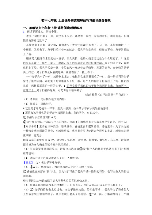 初中七年级 上册课外阅读理解技巧习题训练含答案
