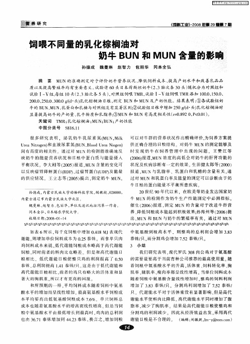 饲喂不同量的乳化棕榈油对奶牛BUN和MUN含量的影响