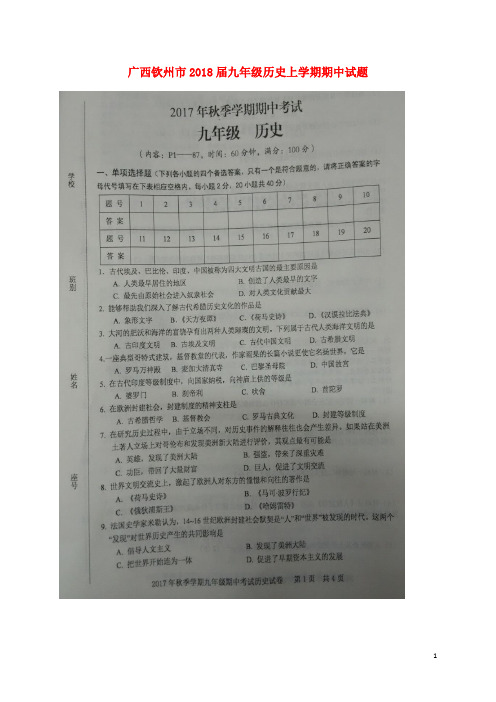 广西钦州市2018届九年级历史上学期期中试题 新人教版 