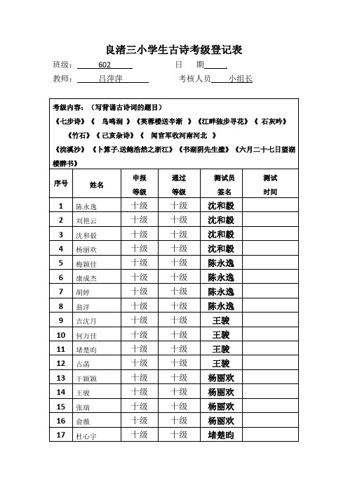 古诗考级登记表