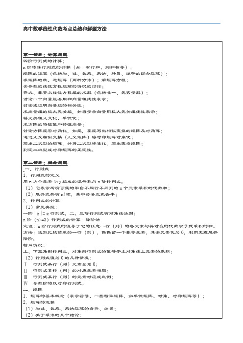 高中数学线性代数考点总结和解题方法