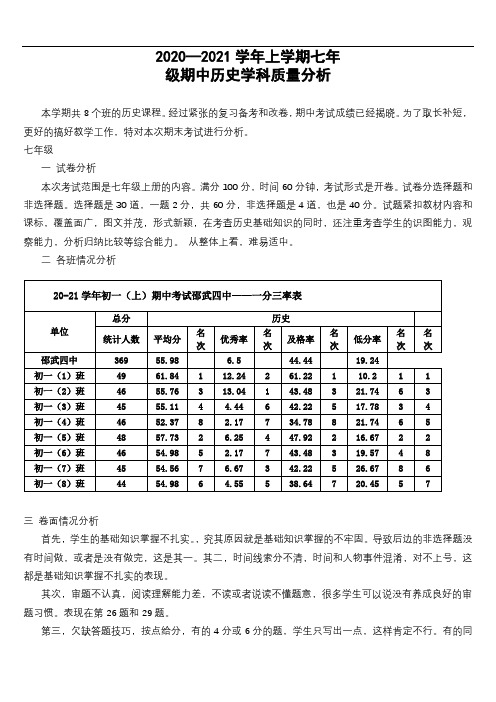 2020—2021学年上学期七年历史期中质量分析