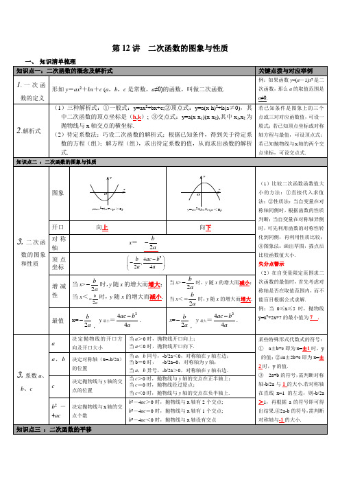 【人教版】2019年春九年级数学下册：全册中考知识点梳理第12讲 二次函数的图象与性质