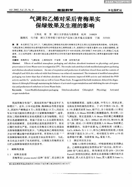 气调和乙烯对采后青梅果实保绿效果及生理的影响