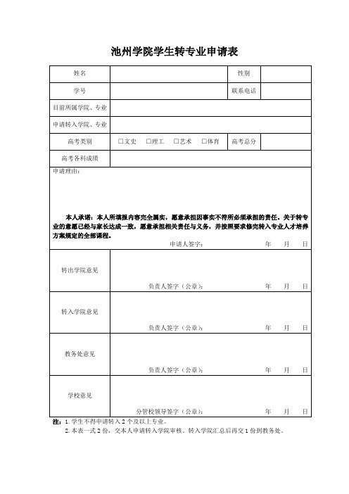 池州学院学生转专业申请表