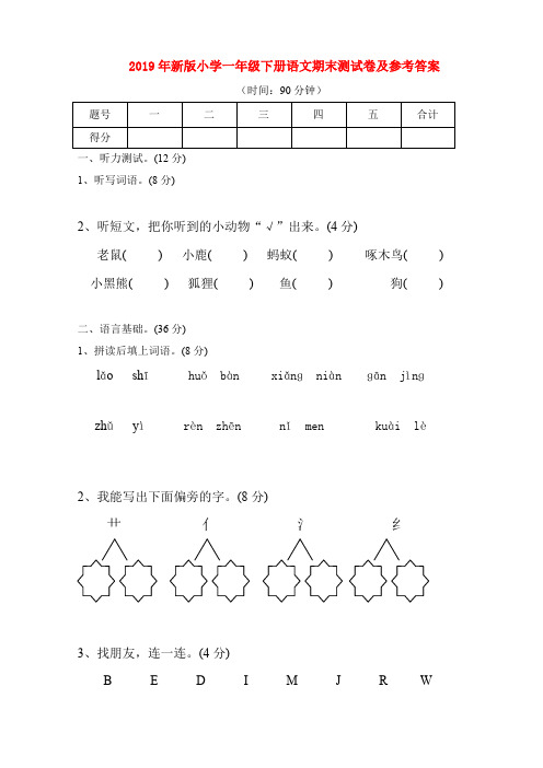 (小学教育)2019年新版小学一年级下册语文期末测试卷及参考答案