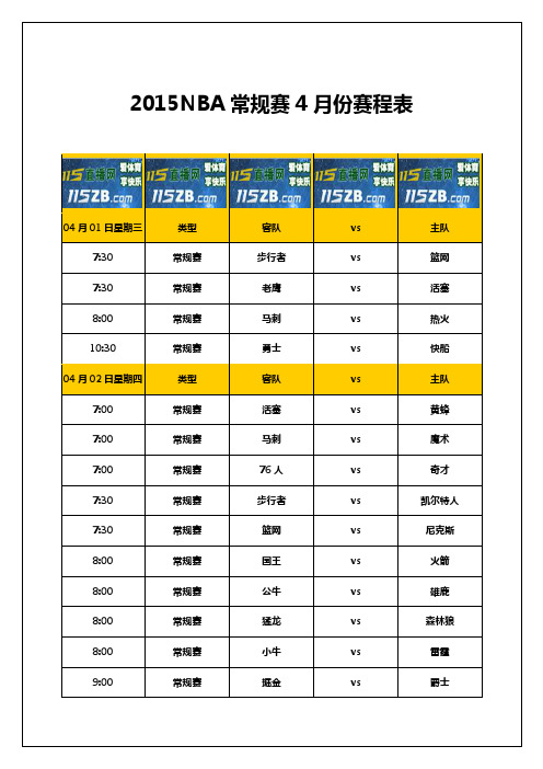 2015NBA赛程表_4月NBA赛程