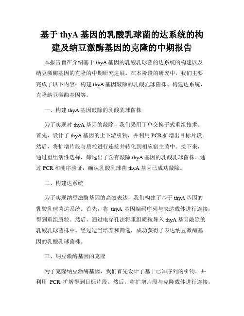 基于thyA基因的乳酸乳球菌的达系统的构建及纳豆激酶基因的克隆的中期报告