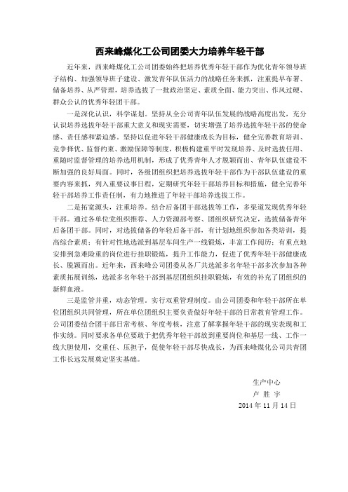 西来峰公司团委大力培养选拔年轻干部
