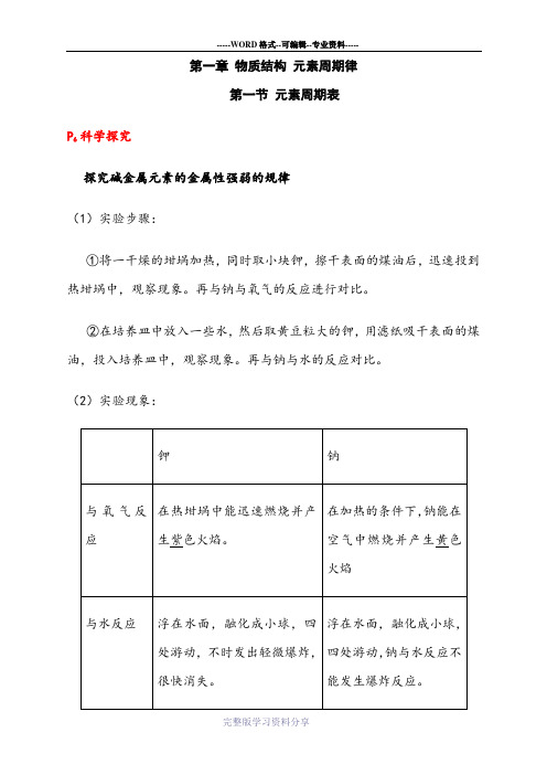 人教版高中化学必修二实验现象和课后题答案