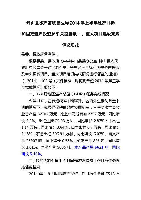 2014年第三季度经济目标和固定资产投资及中央投资项目、重大项目完成情况汇报