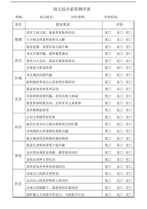 幼儿综合素质测评表