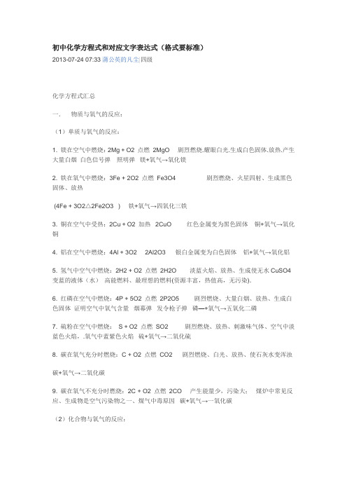 初中化学方程式和对应文字表达式