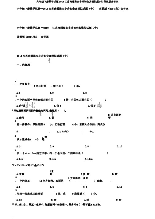 六年级下册数学试题2019江苏南通海安小升初全真模拟题(十)苏教版含答案