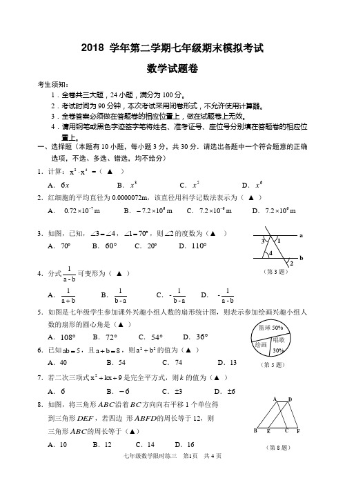 2018学年第二学期七年级期末模拟考试(数学)试题卷及答案