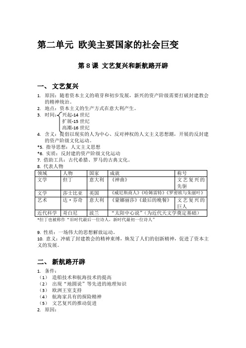 欧美主要国家的社会巨变·岳麓版历史初三复习提纲
