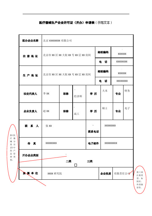 医疗器械生产企业许可证开办申请表示范文本
