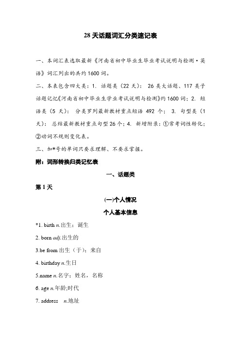 中考 天话题词汇分类速记表