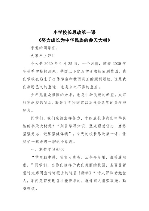 小学校长思政第一课《努力成长为中华民族的参天大树》