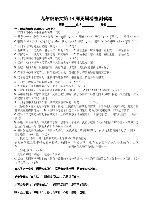 九年级语文第14周周周清检测试题