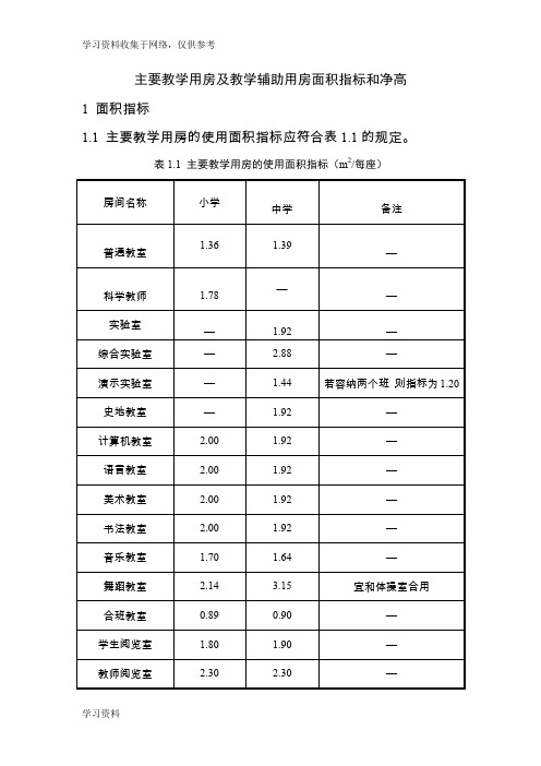 中小学校主要教学用房及教学辅助用房面积指标和净高