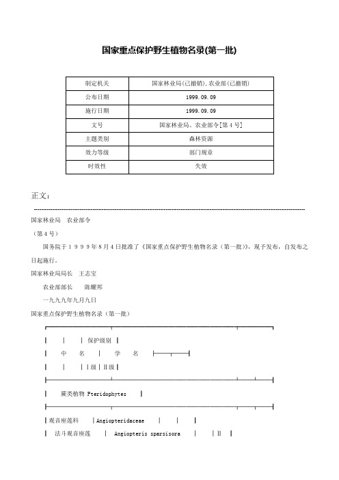 国家重点保护野生植物名录(第一批)-国家林业局、农业部令[第4号]