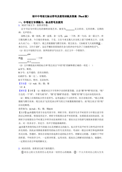 初中中考语文标点符号及使用训练及答案(Word版)
