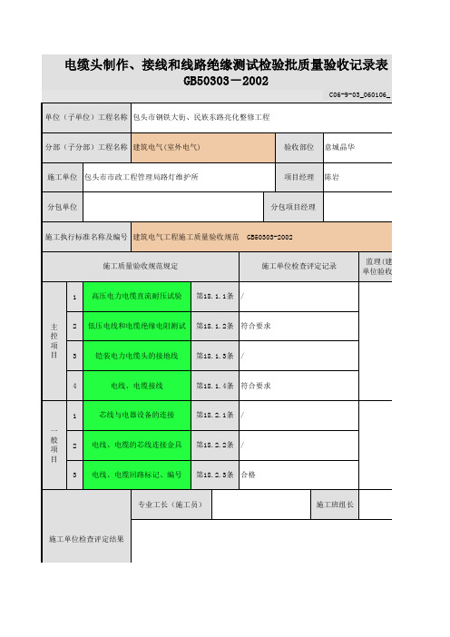 电缆绝缘测试验收记录表