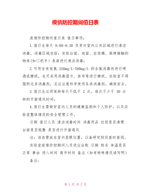 疫情防控期间值日表