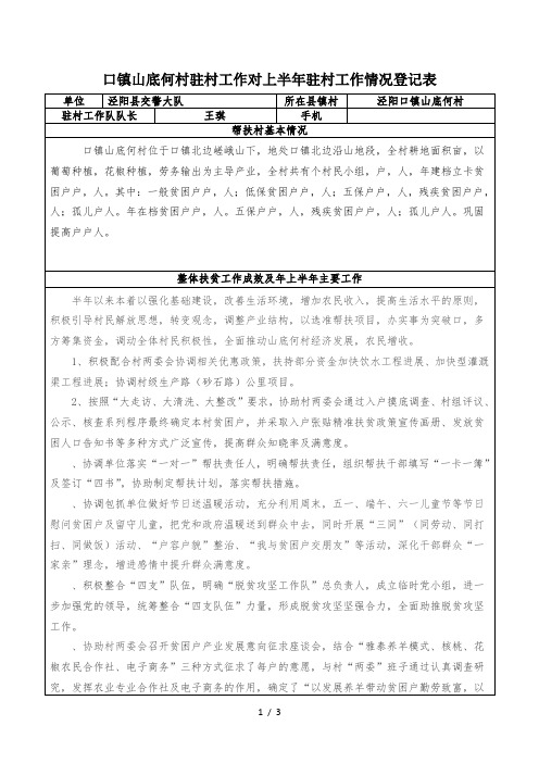 口镇山底何村驻村工作对上半年驻村工作情况登记表