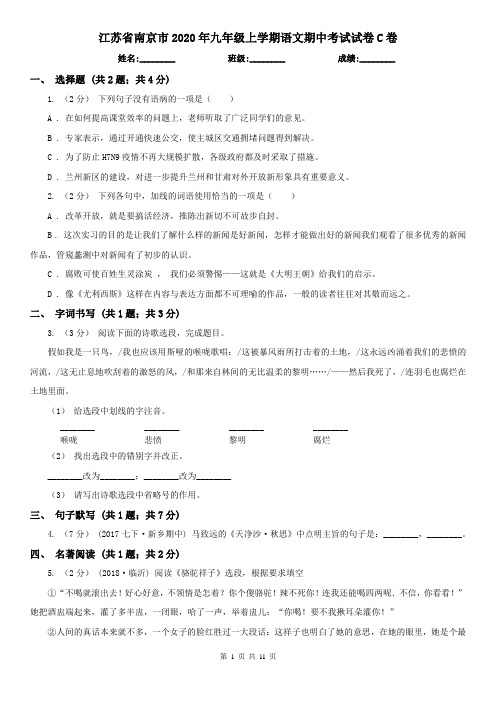 江苏省南京市2020年九年级上学期语文期中考试试卷C卷