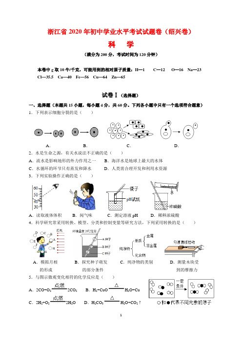 2020年浙江省绍兴市中考科学(物理、化学、生物)试题及参考答案(word解析版)