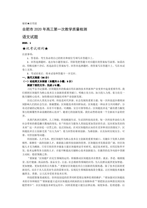 安徽省合肥市2020届高三第一次教学质量检测语文试题 及答案