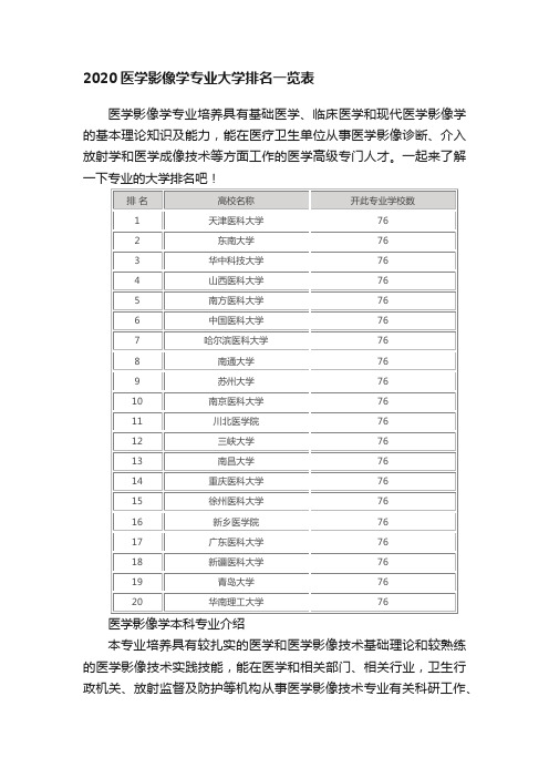 2020医学影像学专业大学排名一览表