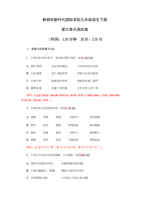 河南省舞钢市新时代国际学校2019—2020年第二学期九年级语文下册第六单元测试卷