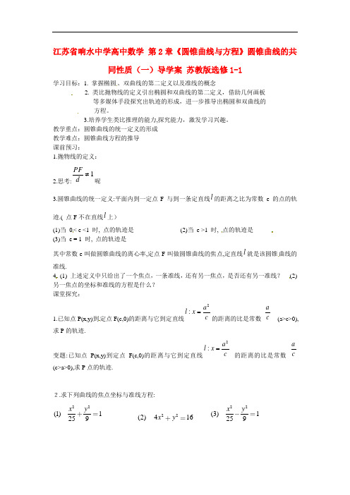 高中数学 第2章《圆锥曲线与方程》圆锥曲线的共同性质(1) 精品导学案 苏教版选修1-1