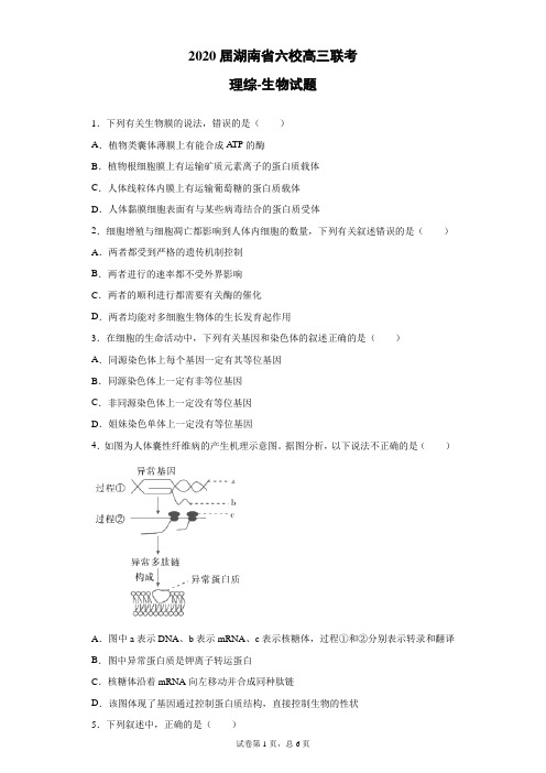 2020届湖南省六校高三联考理综生物试题(带答案解析)