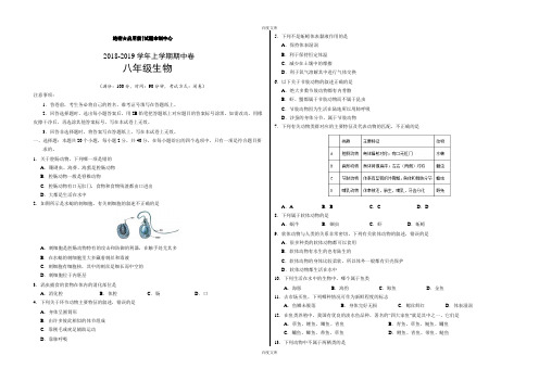 精选2018-2019学年八年级生物上学期期中考试卷(考试版)