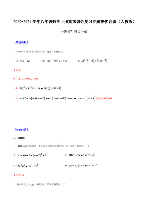 专题07 因式分解(解析版)-2020-2021学年八年级数学上册期末综合复习专题提优训练(人教版)