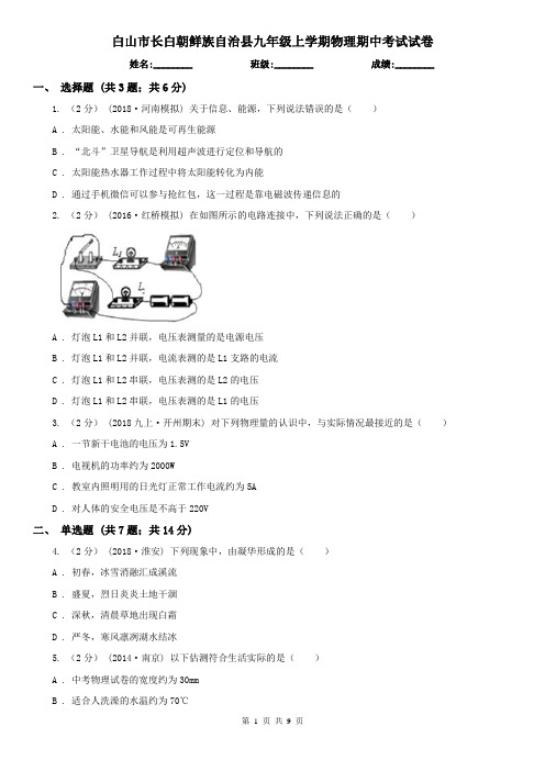 白山市长白朝鲜族自治县九年级上学期物理期中考试试卷