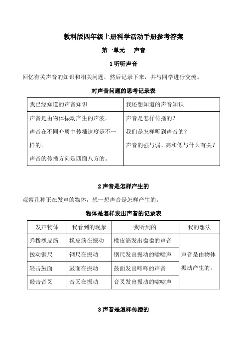 2021年新教科版四年级上册科学活动手册参考答案