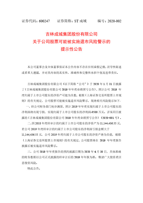 ST成城：关于公司股票可能被实施退市风险警示的提示性公告