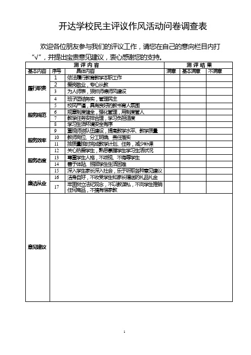 教育系统部分学校(园)2011年民主评议政风行风测评表