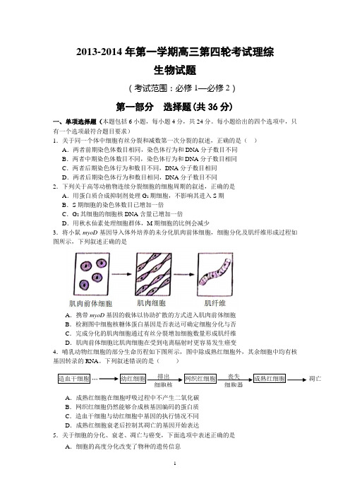 2013-2014年第一学期高三第四轮考试理综生物试题