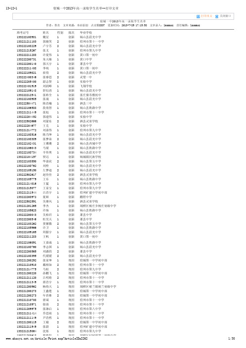 宿城一中2013年高一录取学生名单--打印文章