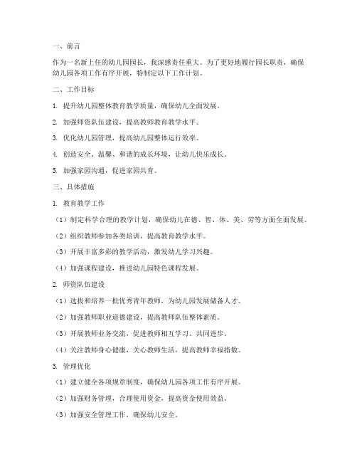 新上任幼儿园园长工作计划