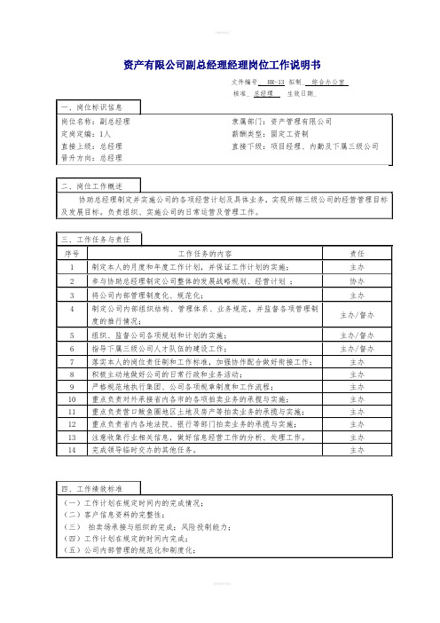 资产管理公司副总经理岗位工作说明书(1)