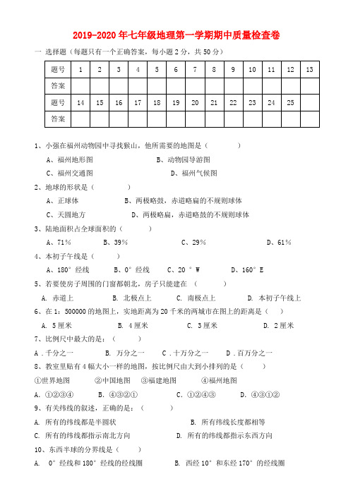 2019-2020年七年级地理第一学期期中质量检查卷