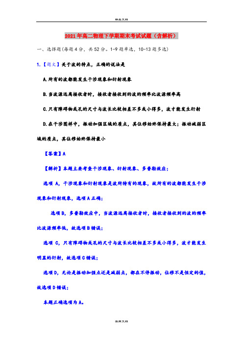 2021年高二物理下学期期末考试试题(含解析)