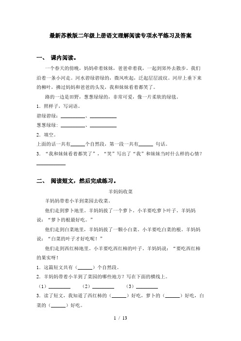 最新苏教版二年级上册语文理解阅读专项水平练习及答案